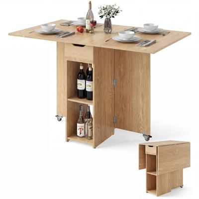 Opvouwbare Eettafel met Twee Zwenkwielen Twee Planken en een Lade Naturelkleurige Opvouwbare Tafel