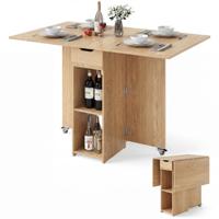 Opvouwbare Eettafel met Twee Zwenkwielen Twee Planken en een Lade Naturelkleurige Opvouwbare Tafel