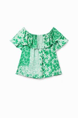 Blouse patch bloemen ruche - GREEN - M