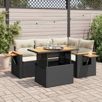 5-delige Loungeset met kussens poly rattan acacia zwart