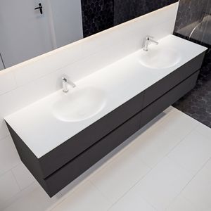 Mondiaz Vica Moon badmeubel antraciet mat 200 cm 4 lades solid surface dubbele spoelbak 2 kraangaten