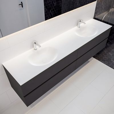 Mondiaz Vica Moon badmeubel antraciet mat 200 cm 4 lades solid surface dubbele spoelbak 2 kraangaten