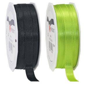 2x rollen satijn sierlint/cadeaulint - zwart en lime groen - 1 cm x 25m p/rol