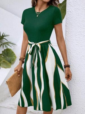 Bon&Bon Women's Colorblock A-Line Belted Dress - Blue Knee-Length Casual Dark Green / M