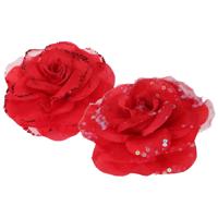 Kerstboomversiering Bloemen - 2x stuks - 9 cm - rood glitter - op clip - ornament