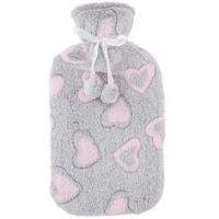 Warmwaterkruik 2 liter met zachte fleece hoes lichtgrijs/hartjes   - - thumbnail