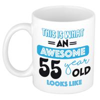 Verjaardag cadeau mok 55 jaar - blauw - grappige tekst - 300 ml - keramiek