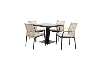 Qopps Javie up down tuintafel met 4 Indra stapelbare tuinstoel