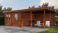 Lugarde Select Modern tuinhuis met overkapping Amstelveen 388x388cm + 400cm - Bruine olie- Plat dak- - Lugarde Select