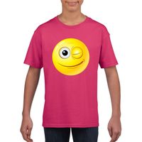 Emoticon t-shirt knipoog  roze kinderen XL (158-164)  -