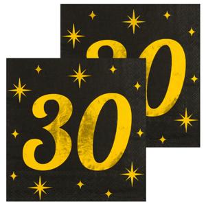 Verjaardag feest servetten - leeftijd 30 jaar - 32x stuks - zwart/goud - sterren - 17 x 19 cm