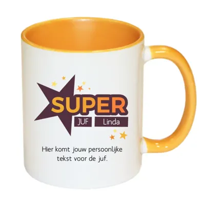 Super Juf mok met naam (geel)