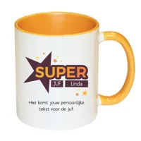 Super Juf mok met naam (geel)