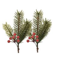 Kersttakken/dennentakken - 2x - groen met bessen - 21.5 cm - thumbnail