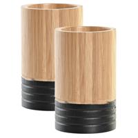 Badkamer tandenborstelhouder / drinkbeker - 2x - hout/zwart - 7 x 11 cm