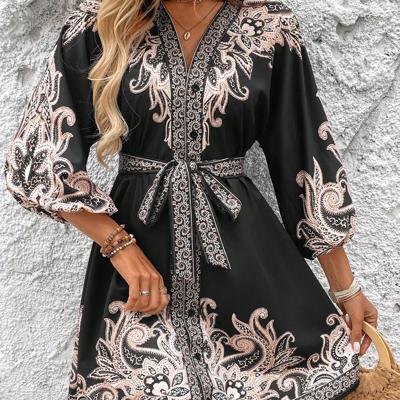 Bon&Bon Apricot Paisley V-Neck A-Line Dress with Lantern Sleeves Black / XL