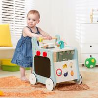 6-In-1 Loopwagen van Hout met Speelkeuken Leerklok Aanpassing en Beweegbare Schuiver Kinderkeuken Babywalker met Wielen