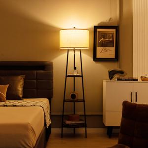 Vloerlamp met Houten Planken Belastbaar tot 15kg Vloerlamp met Linnen Lampenkap
