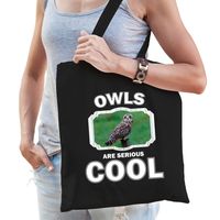 Katoenen tasje owls are serious cool zwart - uilen/ velduil cadeau tas - thumbnail