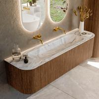 Mondiaz KURVE-DLUX 170 cm Onderkast Greeploos 1 Lade Met Deuren Walnut, Wastafel Solid Surface Midden Glace 0 Kraangaten Zonder Spiegel (KRVBGL170L+R1L2D0KM-Wal/Gla)