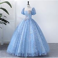 Baljurk Quinceanera-jurken Prinses Jurk Prestatie Zoet 16 Tot de grond Korte mouw Vierkante hals Polyester met Pareldetails Appliqués 2024 Lightinthebox