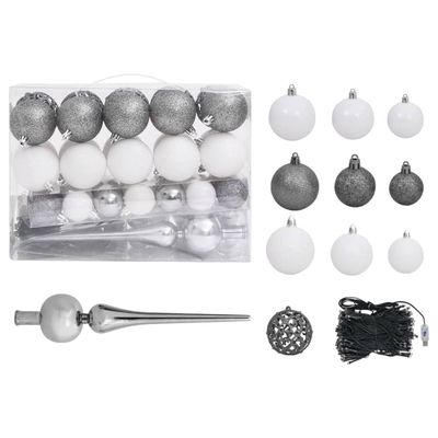 VidaXL 61-delige kerstballenset met piek en 150 led&apos;s wit en grijs