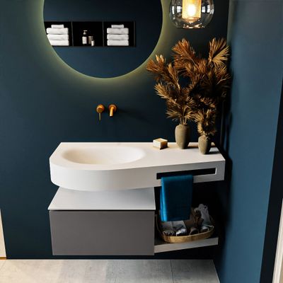 MONDIAZ RIVA 100cm badmeubel onderkast / planchet kleur Dark_Grey met 1 lade. Wastafel DULCET links 0 kraangaten kleur Talc. MONDIAZ RIVA 100cm badmeubel onderkast / planchet kleur Dark_Grey met 1 lade. Wastafel DULCET links 0 kraangaten kleur Talc.