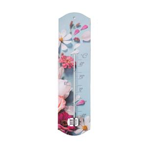 Binnen/buiten thermometer met lentebloemen print - blauw/roze - metaal - 29 x 6.5 cm