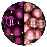Kerstballen 24x stuks - mix oudroze en paars - 6 cm - kunststof - Kerstbal - thumbnail