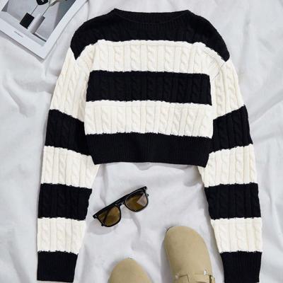 Cable Knit Striped Crop Sweater - Black Colorblock Pullover XS