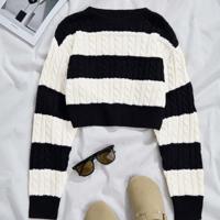 Cable Knit Striped Crop Sweater - Black Colorblock Pullover XS