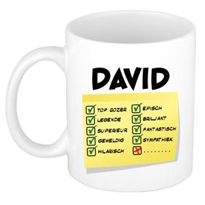 Naam mok David - wit - top gozer - keramiek - 300 ml - cadeau collega beker