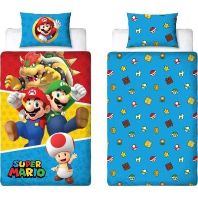 Omkeerbaar beddengoedset - MARIO BROS - Mario en zijn vrienden IV - Microvezel - 1 dekbedovertrek 140 x 200 cm + 1 kussensloop 63 x 63 cm