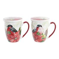 Kopje voor infusions DKD Home Decor Fågel Porselein Rood Groen (380 ml) (2 Stuks)