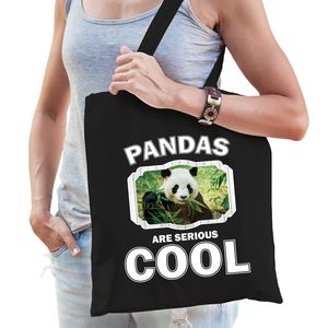 Katoenen tasje pandas are serious cool zwart - pandaberen/ panda cadeau tas