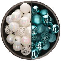 74x stuks kunststof kerstballen mix van parelmoer wit en turquoise blauw 6 cm - thumbnail