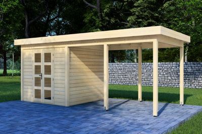 Van Kooten Prime Line blokhut 300x300 cm + overkapping 400 cm 28 mm vuren blank- Plat dak- Onbehandeld vurenhout- Van Kooten - Van Kooten