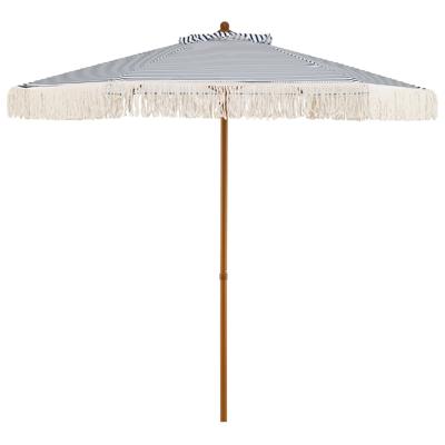 210 cm Parasol voor Buiten met Franjes Ventilerend Polyester Doek 6 Baleinen Aluminium Mast met Houtnerf Ronde Parasol met Strepen in Bohemienstijl-Blauw en wit