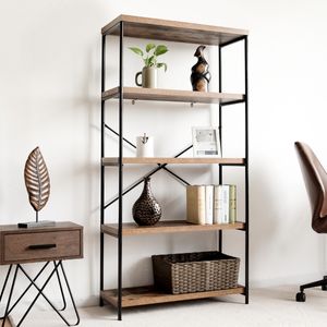 Boekenkast met 5 Niveaus Staand Rek met Metalen Frame Vrijstaande Plank Kantoorplank 79 x 35 x 160 cm Industrieel Design Bruin