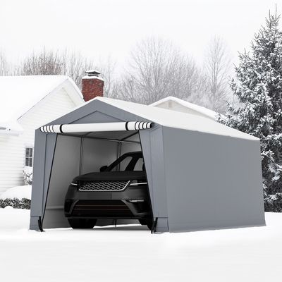490 x 290 CM Carport Zwaar Gegalvaniseerd Staalframe Draagbare Garage Grote Autoluifel met Deuren Versterkte Driehoekige Balken