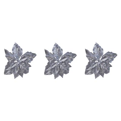 4x stuks decoratie bloemen kerstster zilver glitter op clip 23 cm