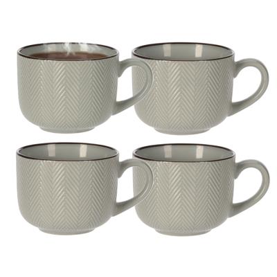 Thee/koffiemok XL Fishbone - 4x - lichtgrijs - 12 x 9 cm - keramiek - kommetjes met oor - 560 ml