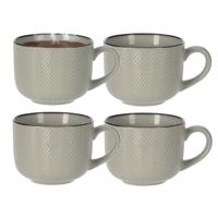 Thee/koffiemok XL Fishbone - 4x - lichtgrijs - 12 x 9 cm - keramiek - kommetjes met oor - 560 ml