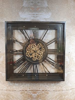 Wandklok klok industrieel metaal open vierkant tandwielen antique black 80 cm