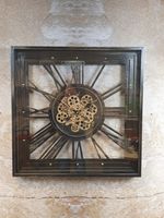 Wandklok klok industrieel metaal open vierkant tandwielen antique black 80 cm - thumbnail