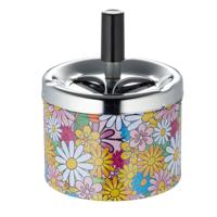 Draaiasbak - bloemetjes - met zilveren deksel - D9 x H12 cm - metaal - asbakken
