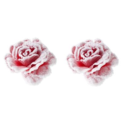 Cosy & Trendy decoratie bloemen - 2x stuks - roos - rozen - roze met sneeuw - op clip - 15 cm - kers