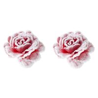 Cosy & Trendy decoratie bloemen - 2x stuks - roos - rozen - roze met sneeuw - op clip - 15 cm - kers