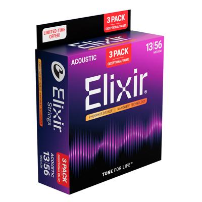 Elixir 16570 (3 sets 16102) Nanoweb Phosphor Bronze Akoestische Snaren (13-56) 3-Pack