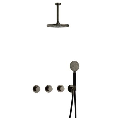 Hotbath Cobber - CB7067 - Inbouw Regendoucheset - Verouderd Ijzer - 2 Stopkranen - Thermostatisch - Plafondbuis 15 cm - Hoofddouche 200 mm - Ronde Handdouche 3 Standen - Waterbesparend